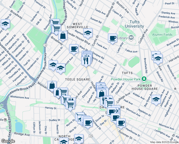 map of restaurants, bars, coffee shops, grocery stores, and more near 211 Holland Street in Somerville