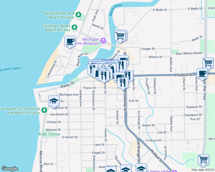 map of restaurants, bars, coffee shops, grocery stores, and more near 335 Center Street in South Haven
