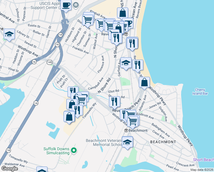 map of restaurants, bars, coffee shops, grocery stores, and more near 37 Clark Road in Revere