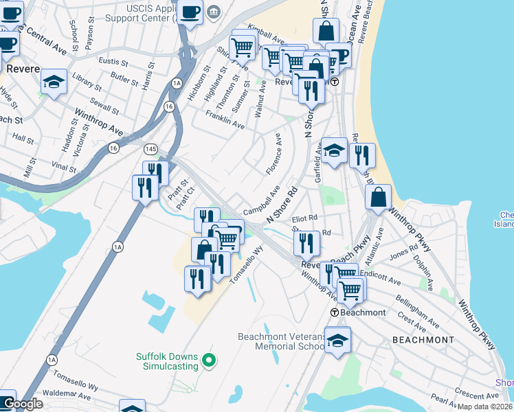 map of restaurants, bars, coffee shops, grocery stores, and more near 24 Campbell Avenue in Revere