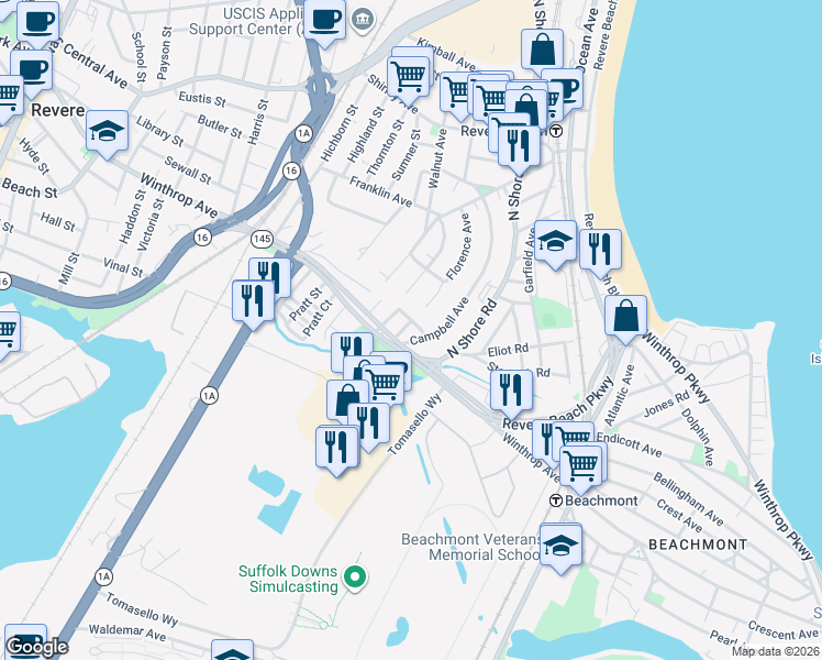 map of restaurants, bars, coffee shops, grocery stores, and more near 24 Campbell Avenue in Revere