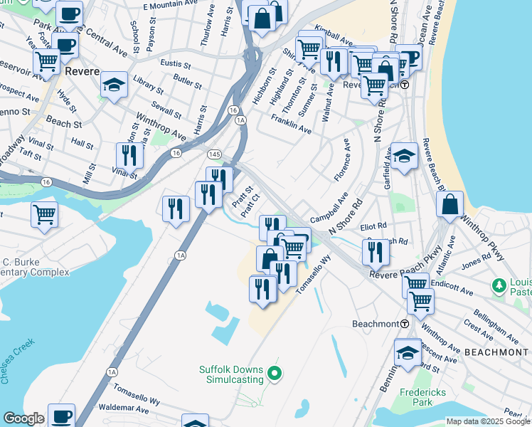 map of restaurants, bars, coffee shops, grocery stores, and more near 16 Pratt Place in Revere