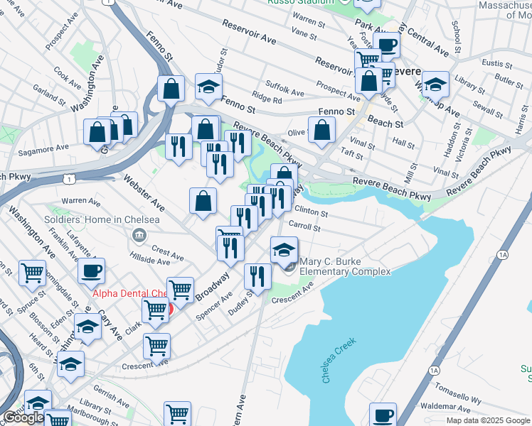 map of restaurants, bars, coffee shops, grocery stores, and more near 960 Broadway in Chelsea