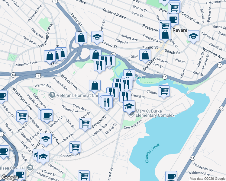 map of restaurants, bars, coffee shops, grocery stores, and more near 75 Gillooly Road in Chelsea