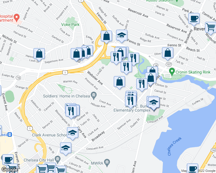 map of restaurants, bars, coffee shops, grocery stores, and more near 166 Webster Avenue in Chelsea