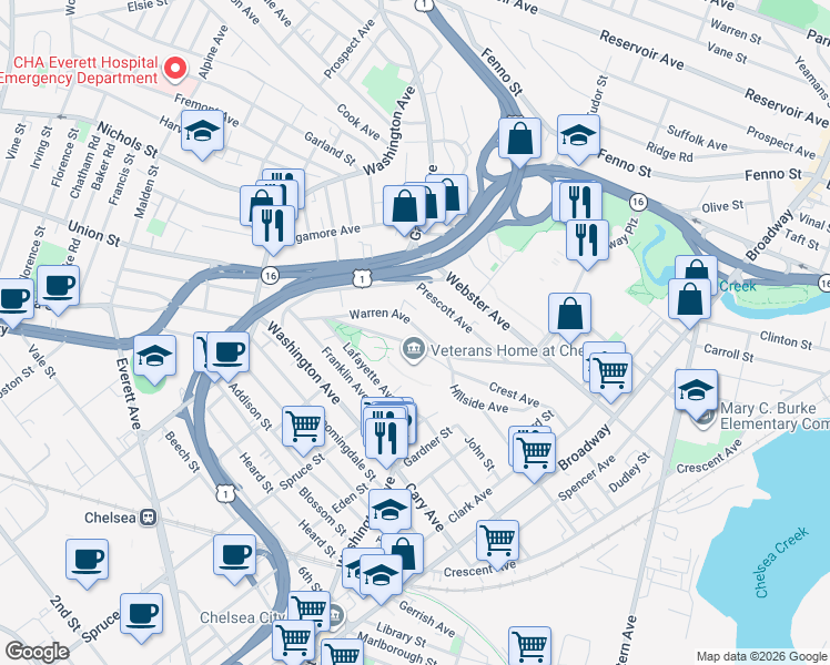 map of restaurants, bars, coffee shops, grocery stores, and more near 122 Warren Avenue in Chelsea