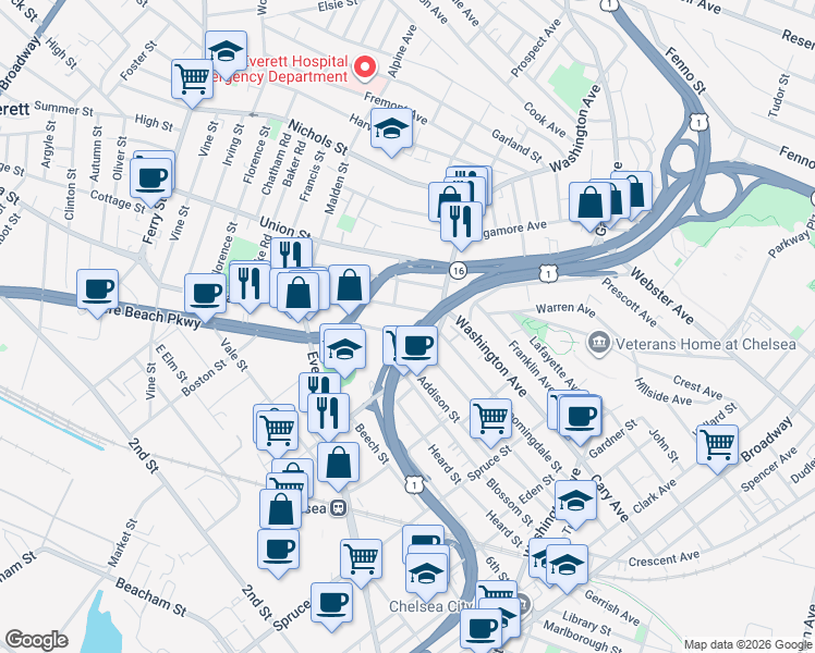 map of restaurants, bars, coffee shops, grocery stores, and more near 324 Carter Street in Chelsea