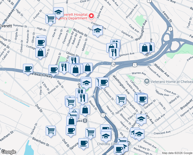 map of restaurants, bars, coffee shops, grocery stores, and more near 215 Orange Street in Chelsea