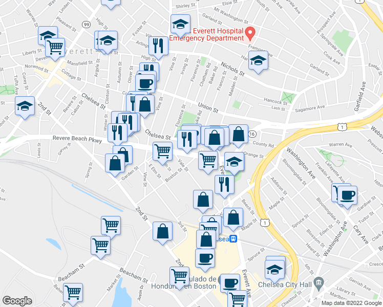 map of restaurants, bars, coffee shops, grocery stores, and more near 1744 Massachusetts 16 in Everett