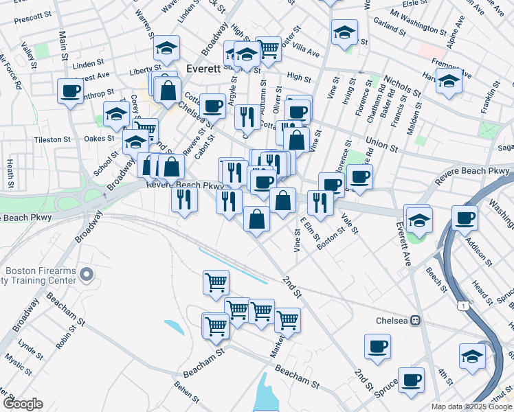map of restaurants, bars, coffee shops, grocery stores, and more near 1886 Revere Beach Parkway in Everett