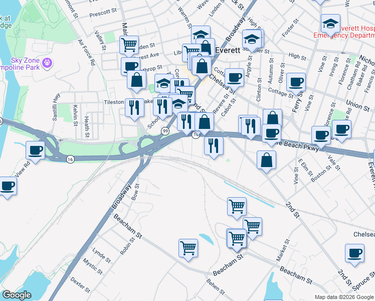 map of restaurants, bars, coffee shops, grocery stores, and more near 86 Lewis Street in Everett