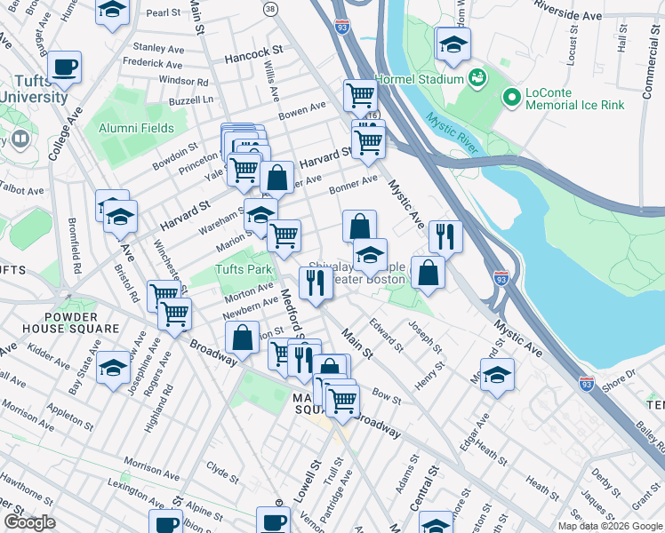 map of restaurants, bars, coffee shops, grocery stores, and more near 19 Ellis Avenue in Medford