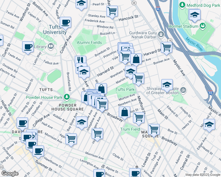 map of restaurants, bars, coffee shops, grocery stores, and more near 70 Marion Street in Medford