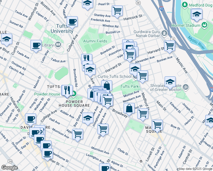 map of restaurants, bars, coffee shops, grocery stores, and more near 8 Winchester Court in Medford