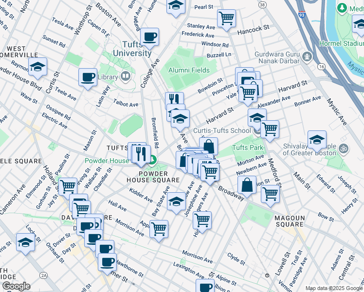 map of restaurants, bars, coffee shops, grocery stores, and more near 601 Boston Avenue in Medford