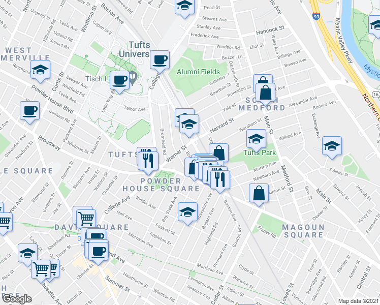 map of restaurants, bars, coffee shops, grocery stores, and more near 601 Boston Avenue in Medford