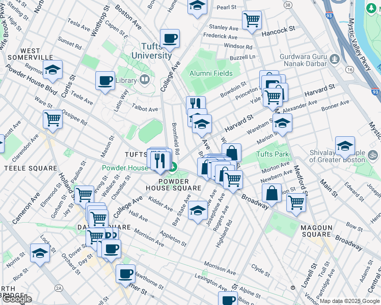 map of restaurants, bars, coffee shops, grocery stores, and more near 37 Warner Street in Somerville
