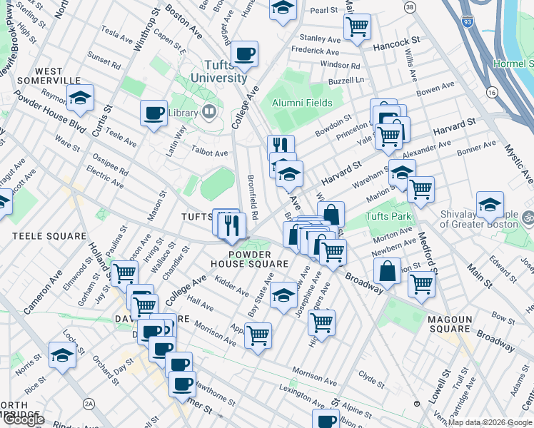 map of restaurants, bars, coffee shops, grocery stores, and more near 37 Warner Street in Somerville
