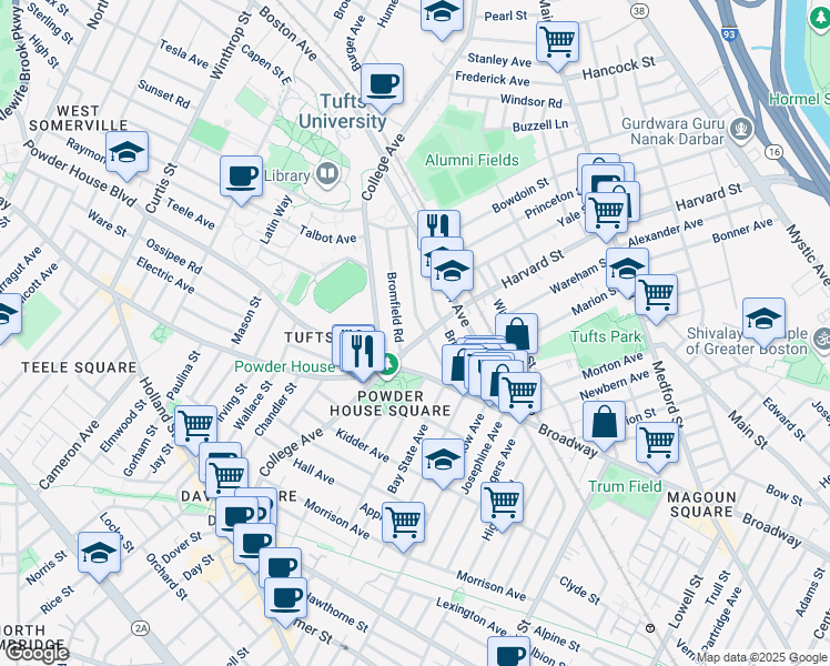 map of restaurants, bars, coffee shops, grocery stores, and more near 37 Warner Street in Somerville