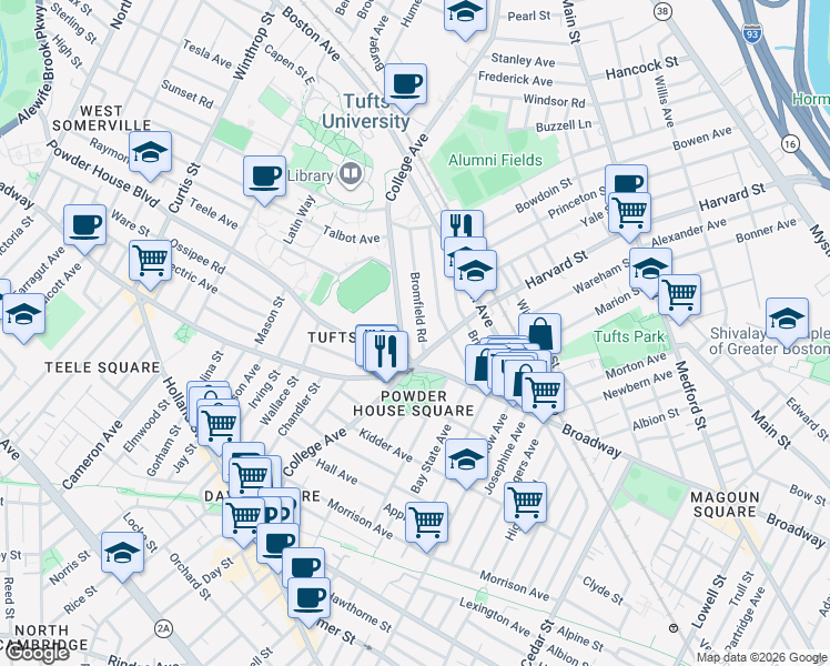 map of restaurants, bars, coffee shops, grocery stores, and more near 153 College Avenue in Somerville