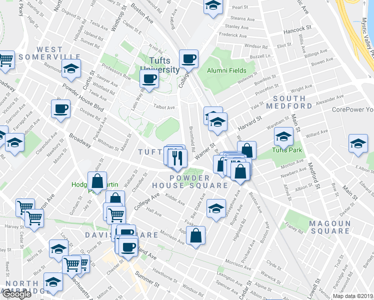 map of restaurants, bars, coffee shops, grocery stores, and more near 153 College Avenue in Somerville