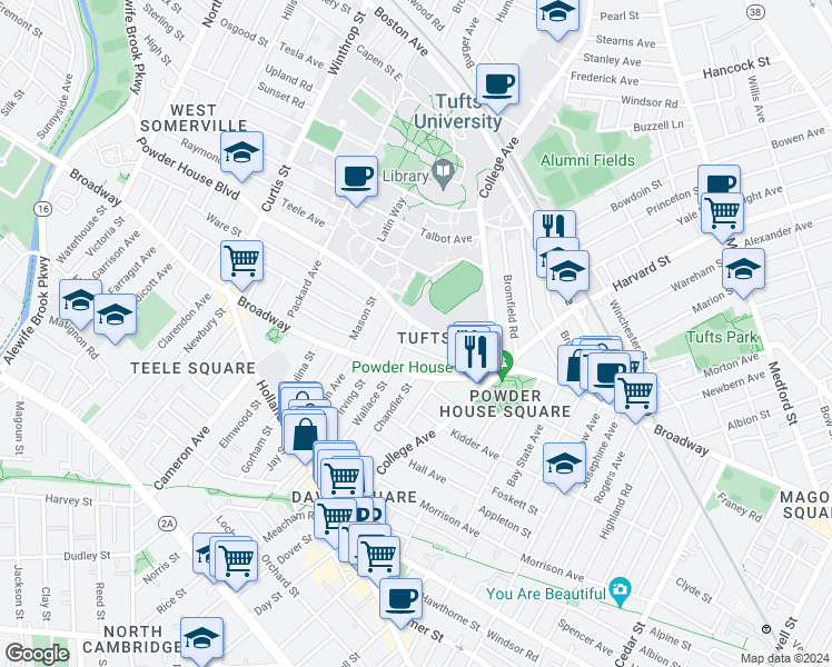 map of restaurants, bars, coffee shops, grocery stores, and more near 42 Powder House Boulevard in Somerville