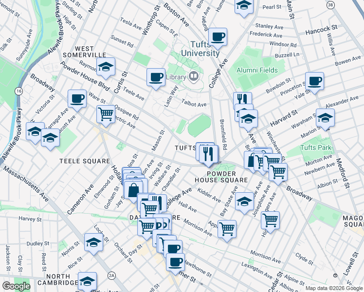 map of restaurants, bars, coffee shops, grocery stores, and more near 42 Powder House Boulevard in Somerville