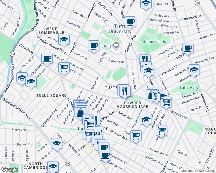 map of restaurants, bars, coffee shops, grocery stores, and more near 42 Powder House Boulevard in Somerville