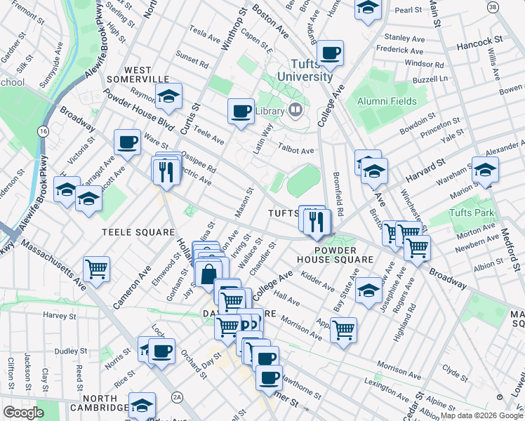 map of restaurants, bars, coffee shops, grocery stores, and more near 27 Burnham Street in Somerville