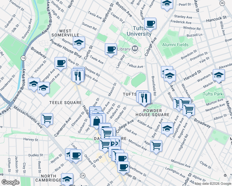 map of restaurants, bars, coffee shops, grocery stores, and more near 27 Burnham Street in Somerville