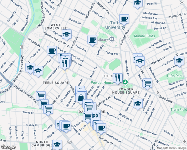map of restaurants, bars, coffee shops, grocery stores, and more near 2 Whitman Street in Somerville