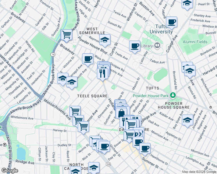 map of restaurants, bars, coffee shops, grocery stores, and more near 1060 Broadway in Somerville