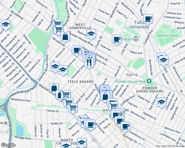 map of restaurants, bars, coffee shops, grocery stores, and more near 12 Moore Street in Somerville