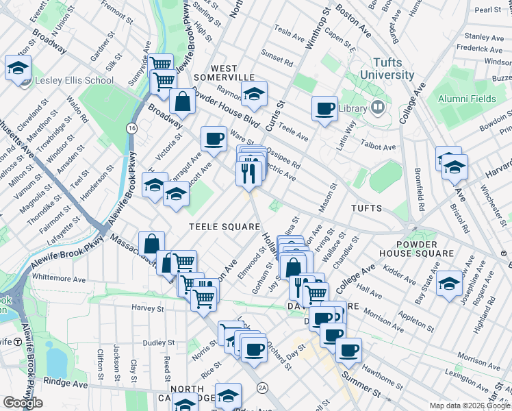 map of restaurants, bars, coffee shops, grocery stores, and more near 12 Moore Street in Somerville