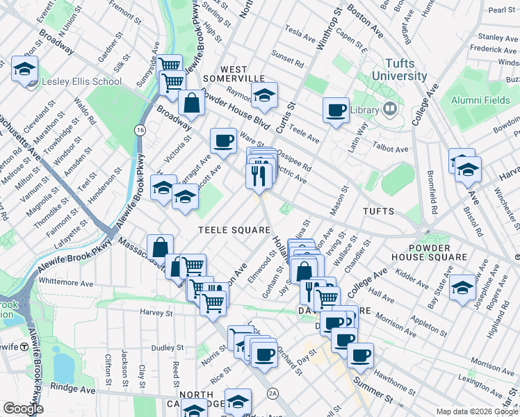 map of restaurants, bars, coffee shops, grocery stores, and more near 12 Moore Street in Somerville