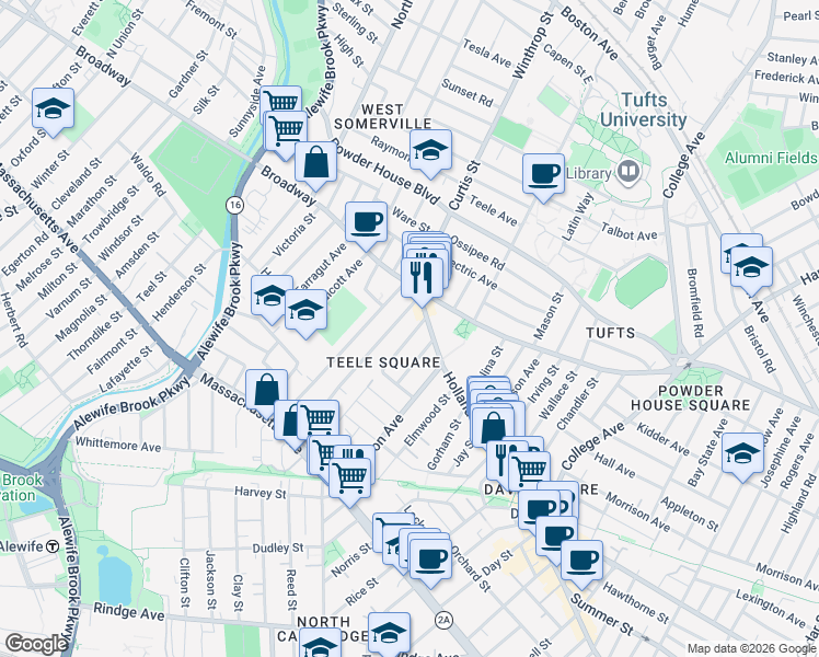 map of restaurants, bars, coffee shops, grocery stores, and more near 12 Moore Street in Somerville