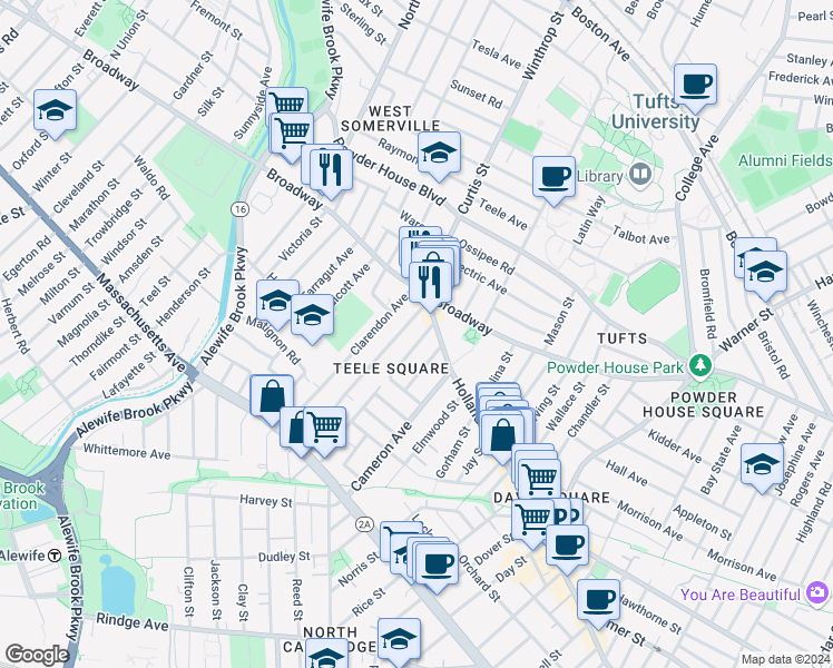 map of restaurants, bars, coffee shops, grocery stores, and more near 12 Moore Street in Somerville