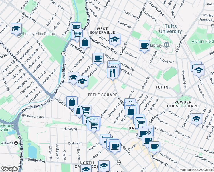 map of restaurants, bars, coffee shops, grocery stores, and more near 35 Newbury Street in Somerville