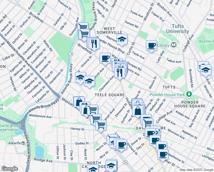 map of restaurants, bars, coffee shops, grocery stores, and more near 35 Newbury Street in Somerville