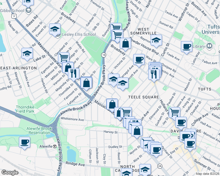 map of restaurants, bars, coffee shops, grocery stores, and more near 44 Matignon Road in Cambridge