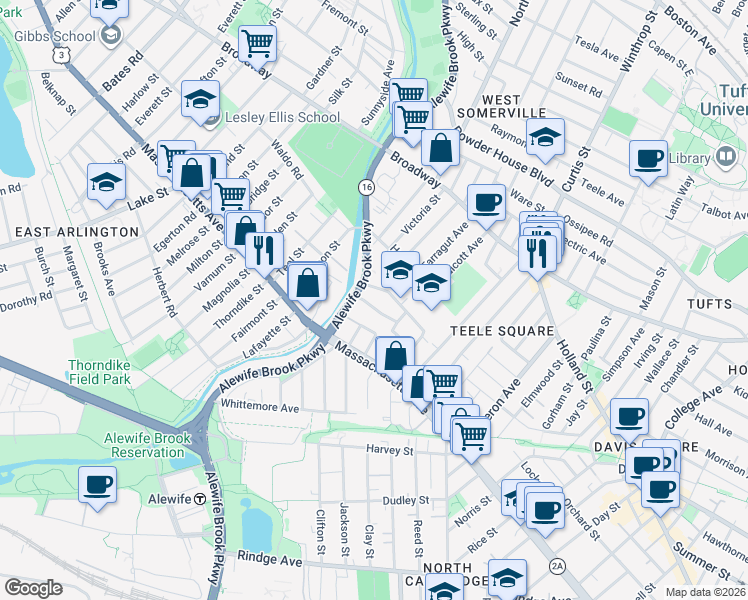 map of restaurants, bars, coffee shops, grocery stores, and more near 24 Alewife Brook Parkway in Cambridge