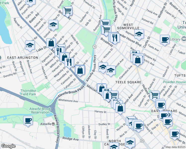 map of restaurants, bars, coffee shops, grocery stores, and more near 24 Alewife Brook Parkway in Cambridge