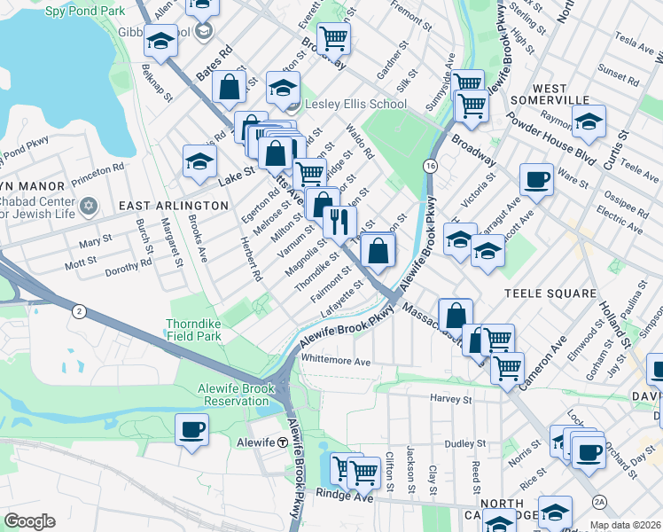 map of restaurants, bars, coffee shops, grocery stores, and more near 14-16 Thorndike Street in Arlington