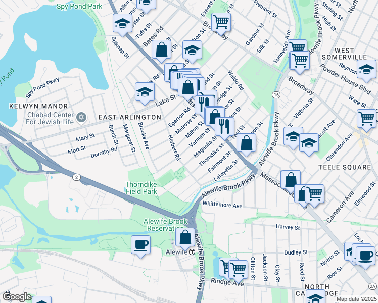 map of restaurants, bars, coffee shops, grocery stores, and more near 64-66 Varnum Street in Arlington