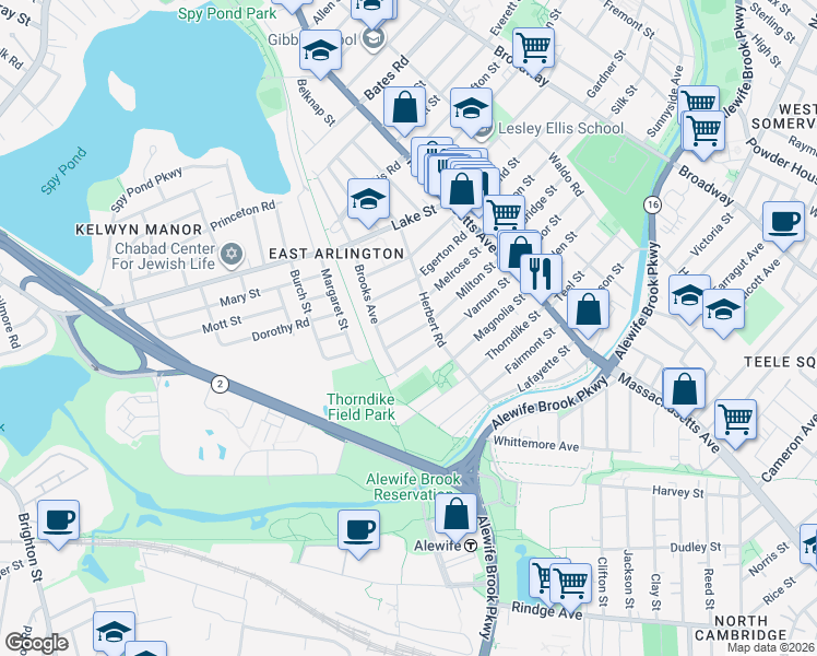 map of restaurants, bars, coffee shops, grocery stores, and more near 88 Milton Street in Arlington