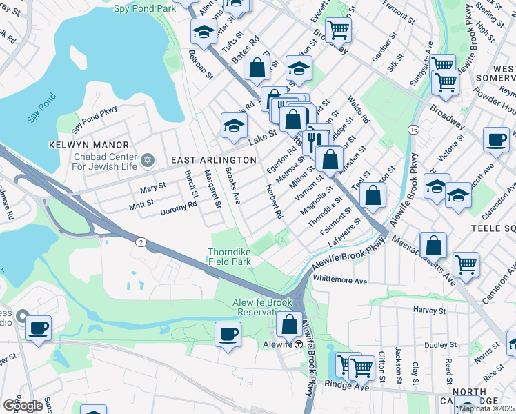 map of restaurants, bars, coffee shops, grocery stores, and more near 88 Milton Street in Arlington