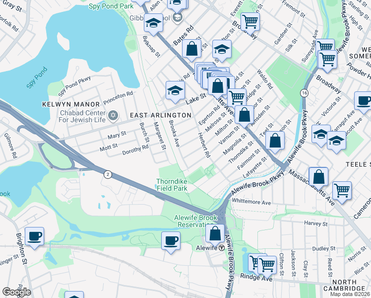 map of restaurants, bars, coffee shops, grocery stores, and more near 33 Brooks Avenue in Arlington