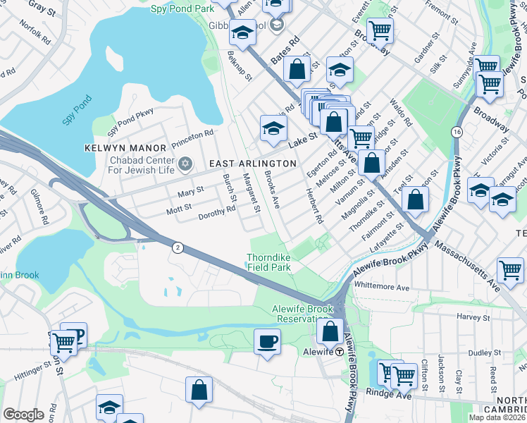 map of restaurants, bars, coffee shops, grocery stores, and more near 3 Osborne Road in Arlington