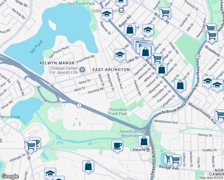 map of restaurants, bars, coffee shops, grocery stores, and more near 3 Osborne Road in Arlington