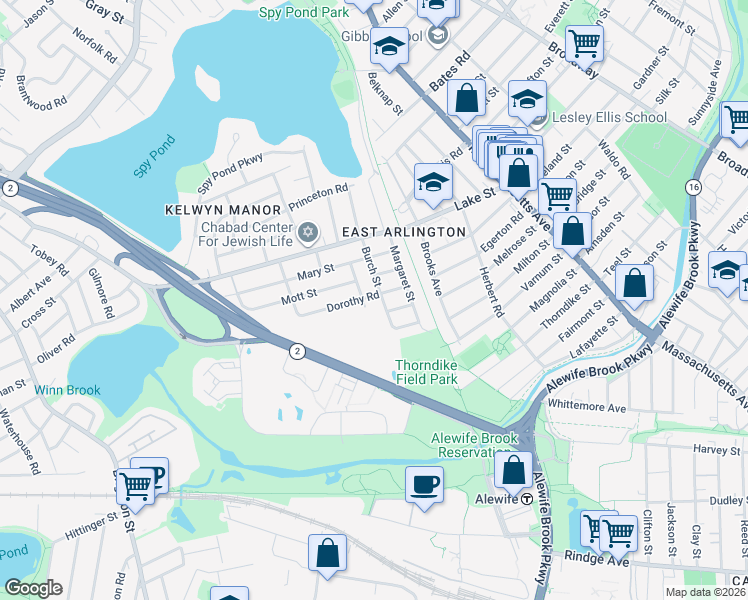 map of restaurants, bars, coffee shops, grocery stores, and more near 28-30 Dorothy Road in Arlington